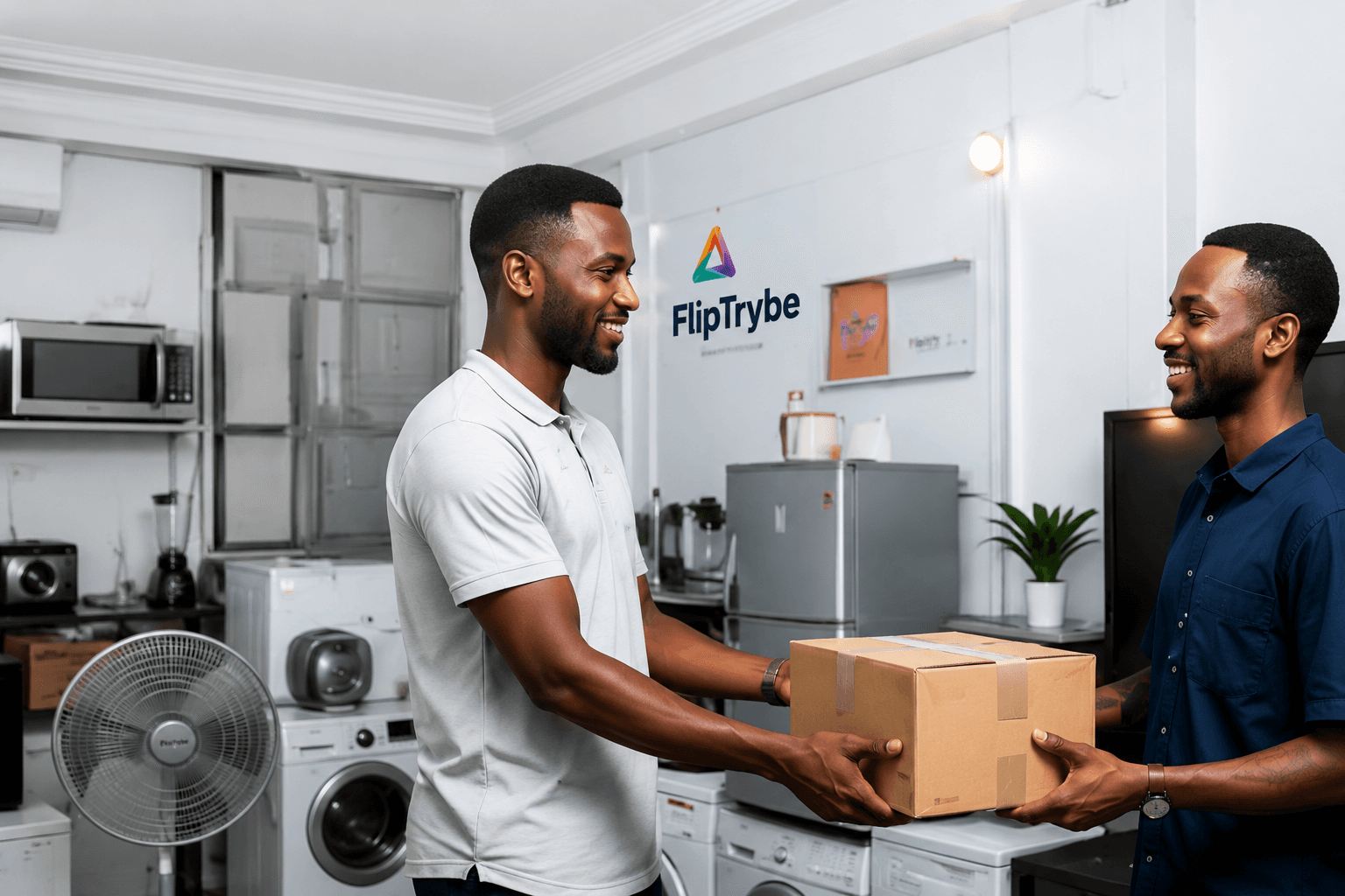 Declutter handoff in a FlipTrybe room with appliances and a boxed item