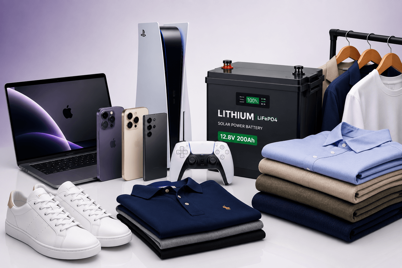 Premium TradeHub goods including laptop, headphones, shoes, and game accessories